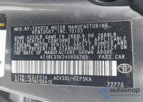 2004 Toyota Camry Se из США, поврежденный, VIN 4T1BE32K24U806765